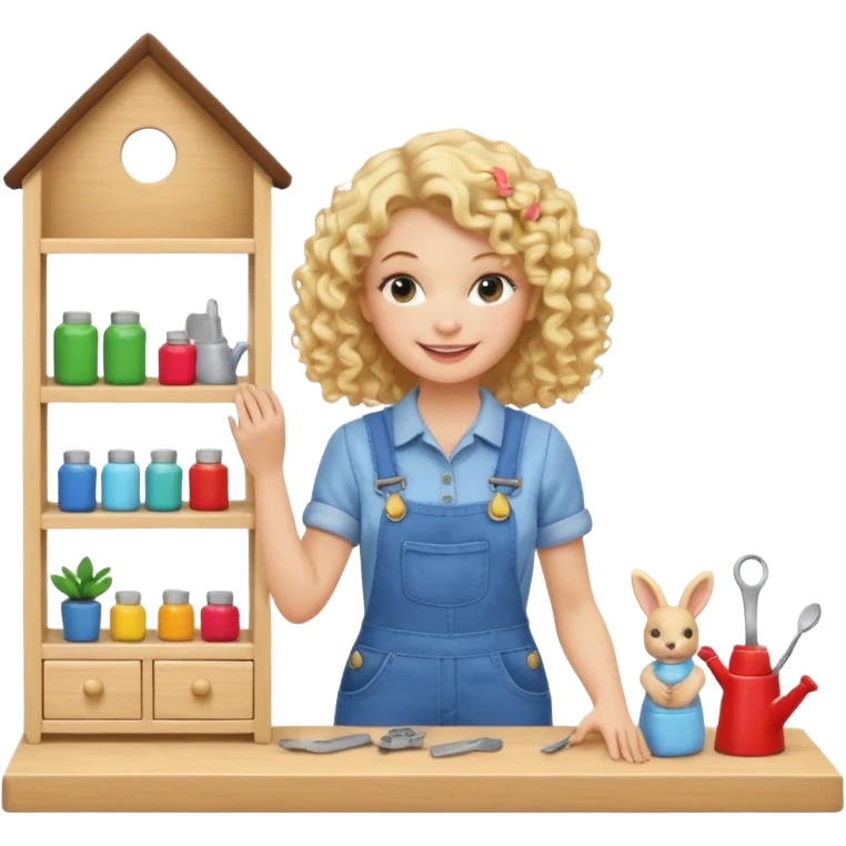 smiling blonde curly woman arranging furniture in doll house with overalls emoji
