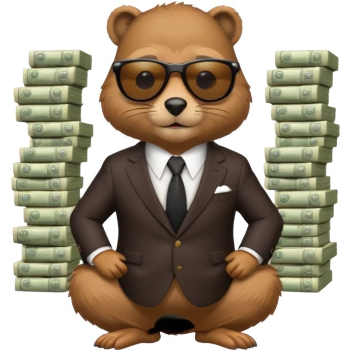 Beaver in suit wearing sunglasses surrounded by stacks if cash emoji