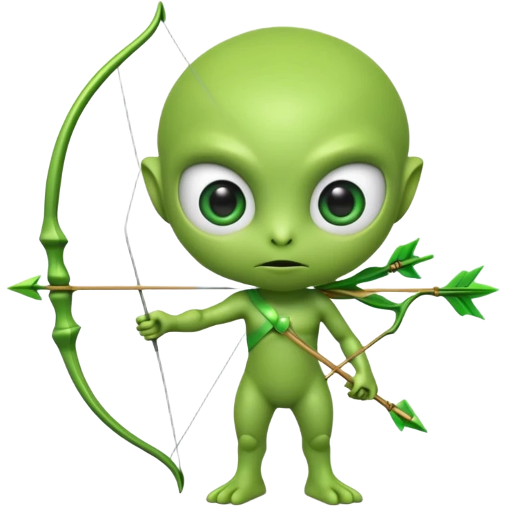 3D emoji-style green alien holding a bow and arrow, glossy texture, smooth skin, large expressive eyes, small humanoid body, minimalist background, soft lighting, Pixar-style rendering, high detail, cute but slightly serious expression, clean centered composition. emoji