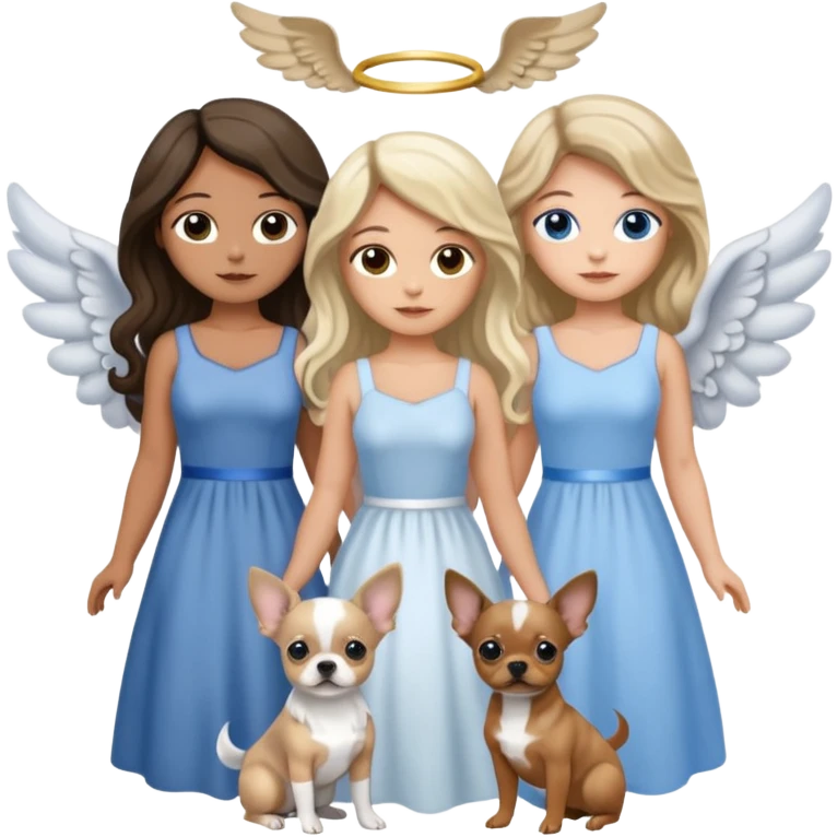 Three women as pretty angels with wings and isolated dresses, brown eyed light skin with dark blonde long hair and Brown eyed light skin black long wavy hair holding grey and tan Merle Frenchie and blue eyed light skin long blonde hair hold black and tan chihuahua  emoji