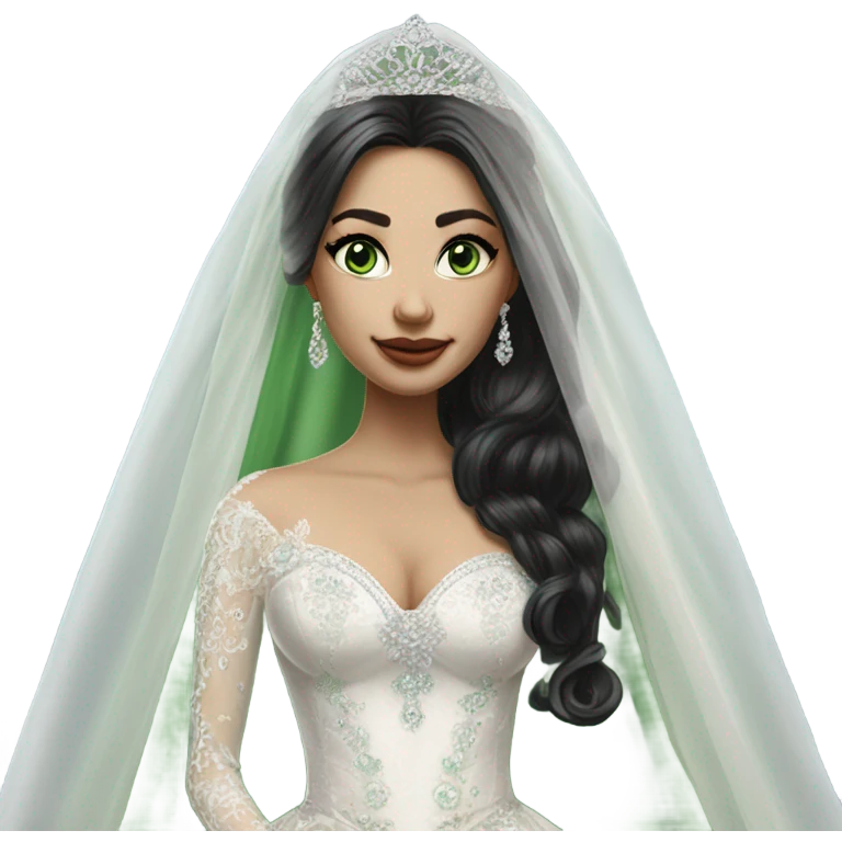 Hyper Realistic ornate ballgown long sleeve Wedding dress with diamanté on Russian bride with pale skin and green eyes and long black hair with veil hyper realistic  emoji