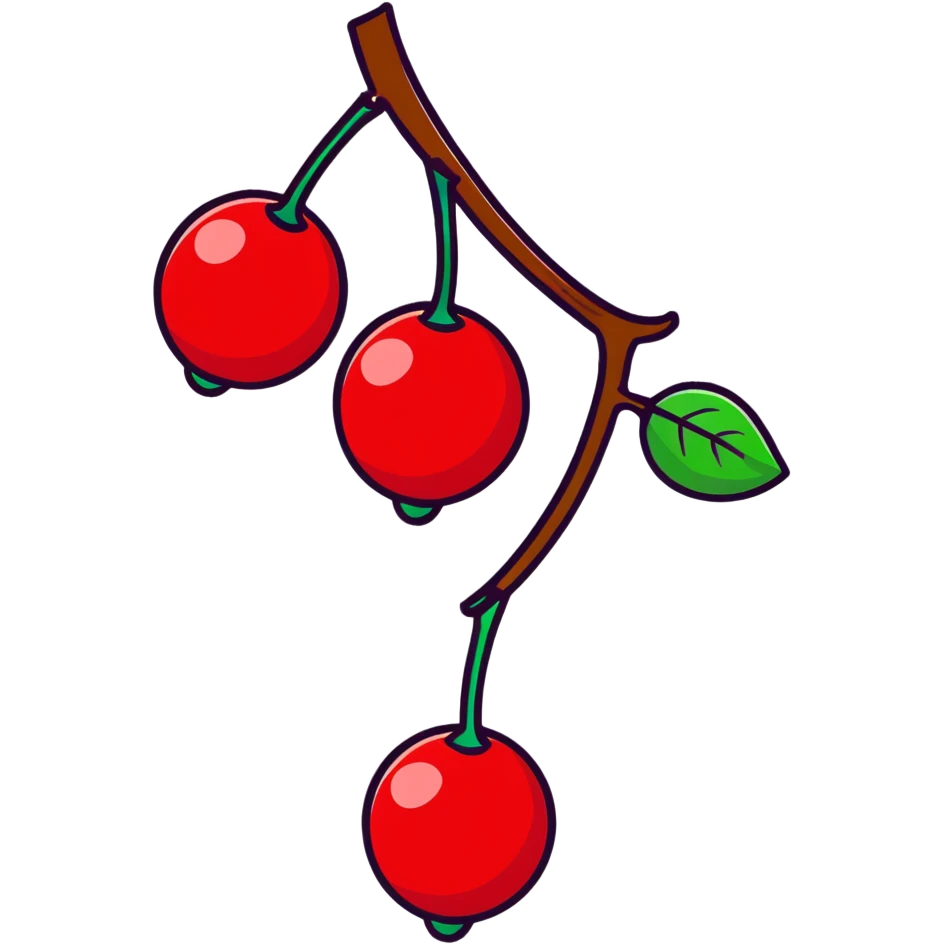 Two plump red cherries hanging from a small branch with green leaves emoji