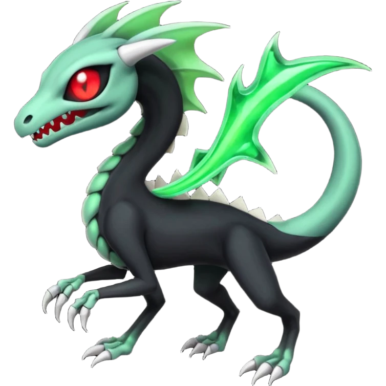 Obsidian-black and neon-glowing-green skeletal Meloetta-Salandit-Gorebyss-Salazzle-Pokémon-Fakémon-creature-fusion-hybrid with glowing crimson-red evil slit eyes emoji