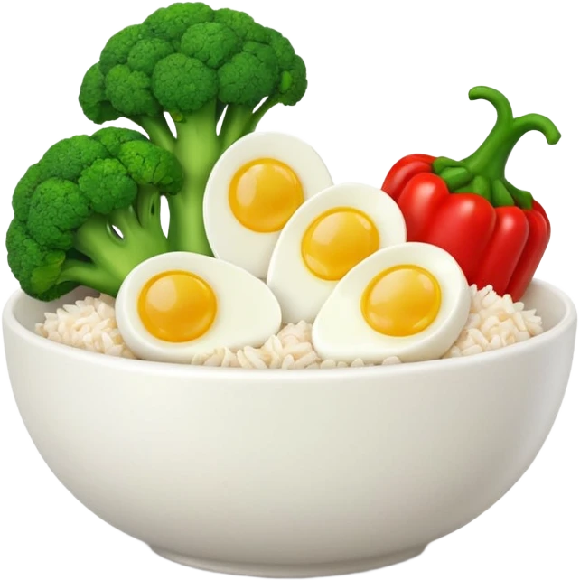 3D food emoji, glossy, smooth shapes, premium style,
broccoli, red bell pepper, rice bowl, chicken breast,
boiled eggs, vitamins bottle,
light warm background
 emoji