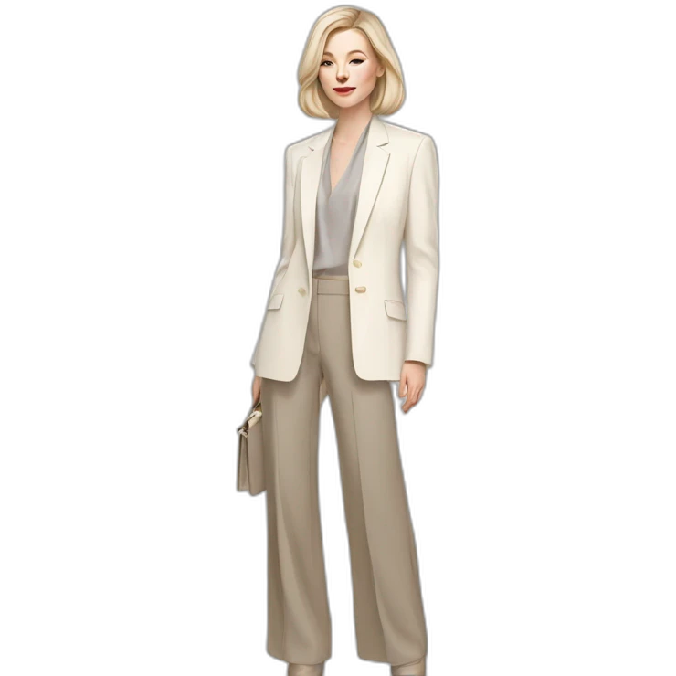 pale skin woman with ash blonde Straightened bob Hair, White Spacious classical jacket, beige palazzo Arrow pants and gray blouse holding a color palettes in the hands emoji