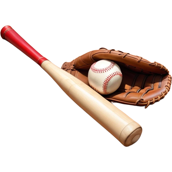 A baseball bat, ball, and glove resting on the ground, set against the backdrop of a baseball field. The scene captures the iconic equipment of the sport, with the field in the distance and a bright sky above, evoking the spirit of the game. emoji