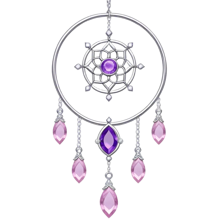 Epic Hanging silver suncatcher, threads with shiny sparkly amethyst and rose-quartz gemstones,  emoji