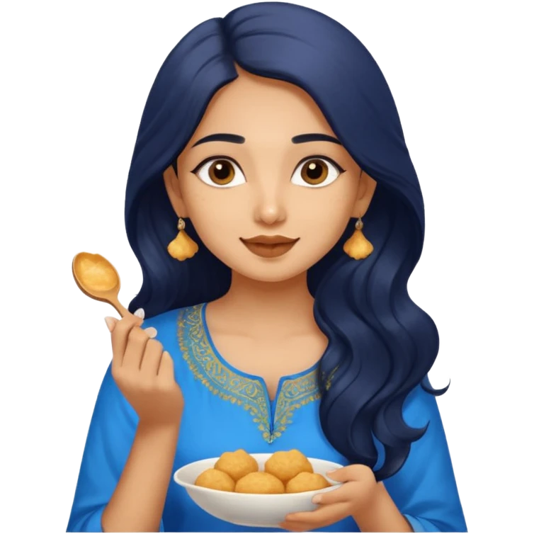 a pretty tan indian bratz girl. eyeliner on, wearing a blue kurti, eating golgappa. NO SPOON. wavy long BLACK coloured hair emoji