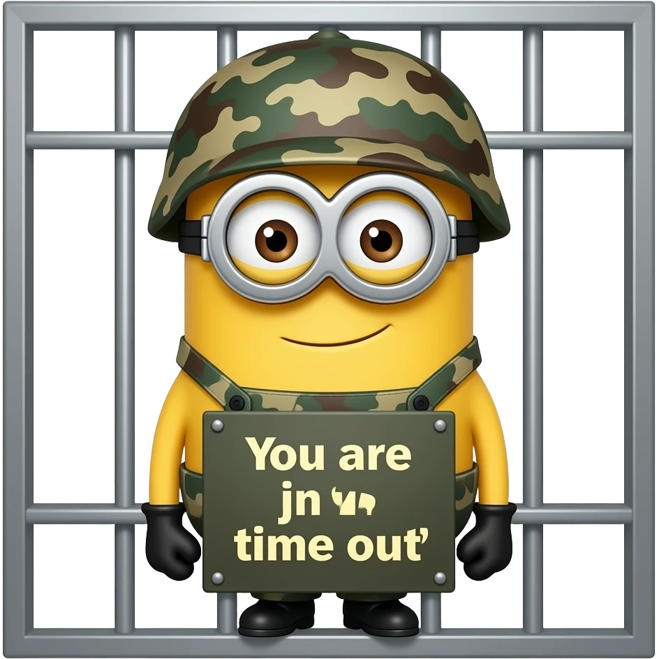 minion wearing army fatigues in jail text your in time out emoji