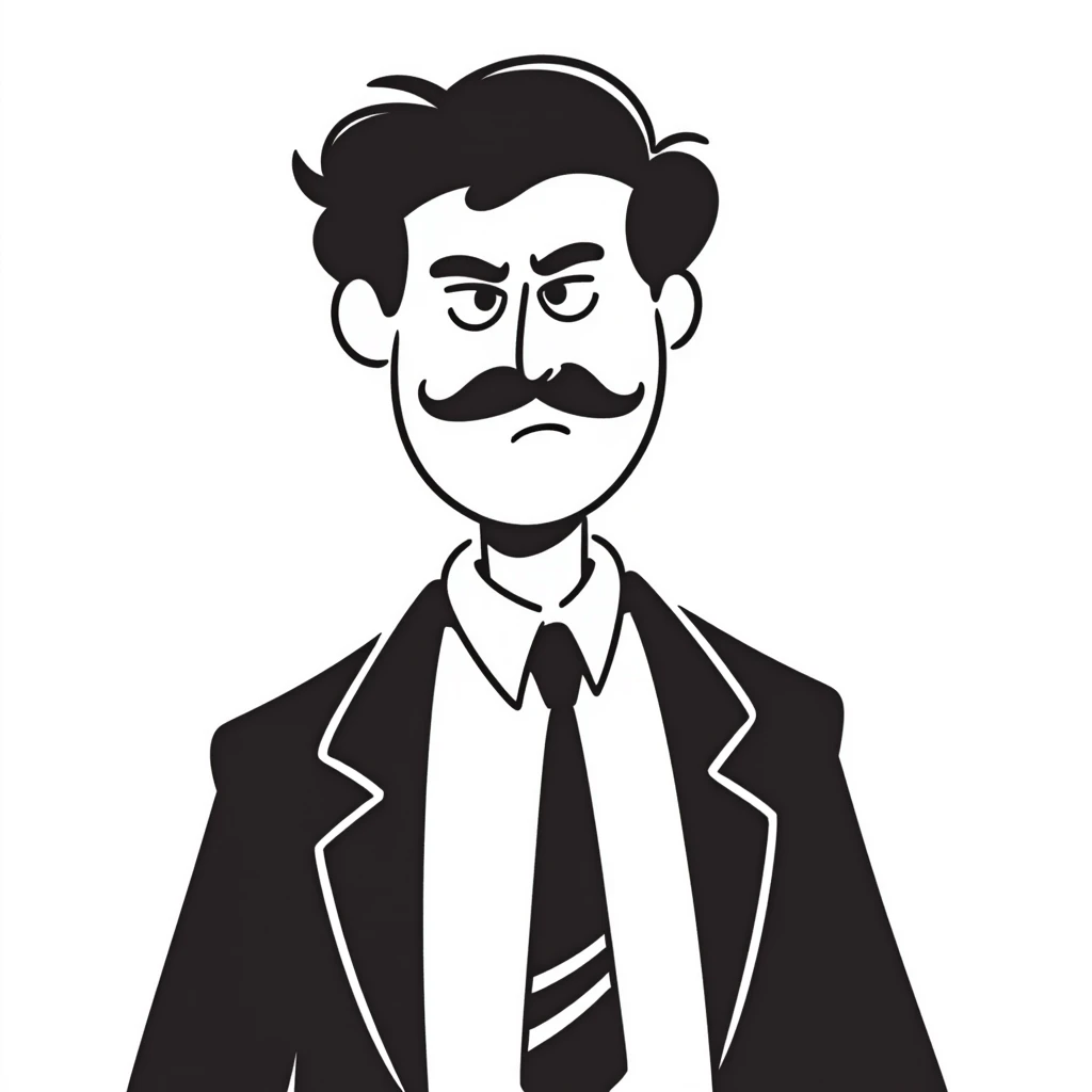 A hand-drawn angry supervisor with a mustache and a stern expression emoji