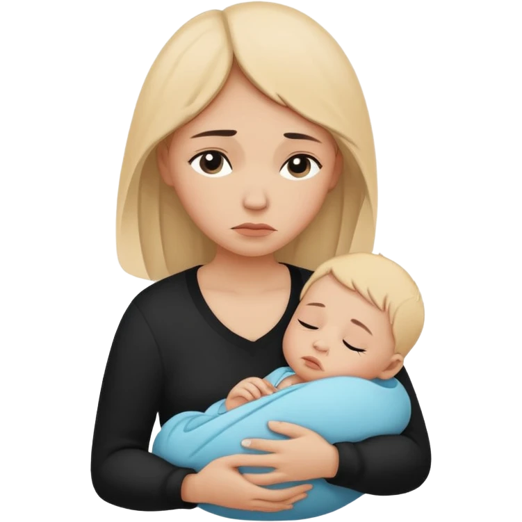 Minimalistic flat vector icon, iOS style, thin black contour on white background. Silhouette of a sad mother holding a baby, small tear drop. Clean, no text, no shadows emoji