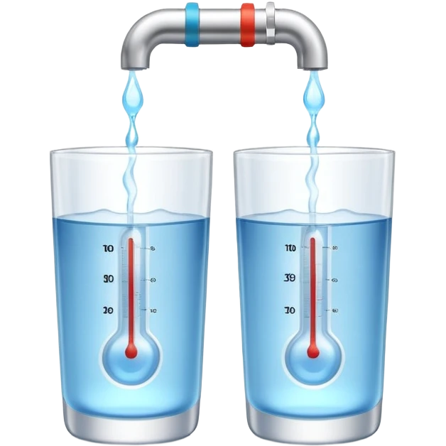 3D illustration of two glasses of water — one cold, one hot, with a thermometer inside each. Particles dissolving faster in hot water, slower in cold. Minimalist, clean, bright, modern 3D icon style. emoji