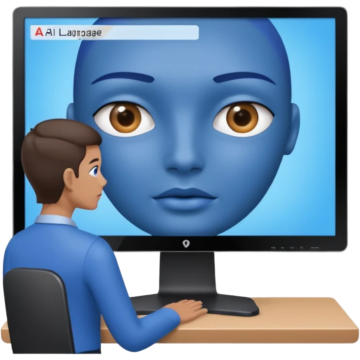 human is using some complicated system, in front of the monitor, asking someting to the monitor by natural language
the monitor, ai agent is inside, answering in also natural langague  emoji
