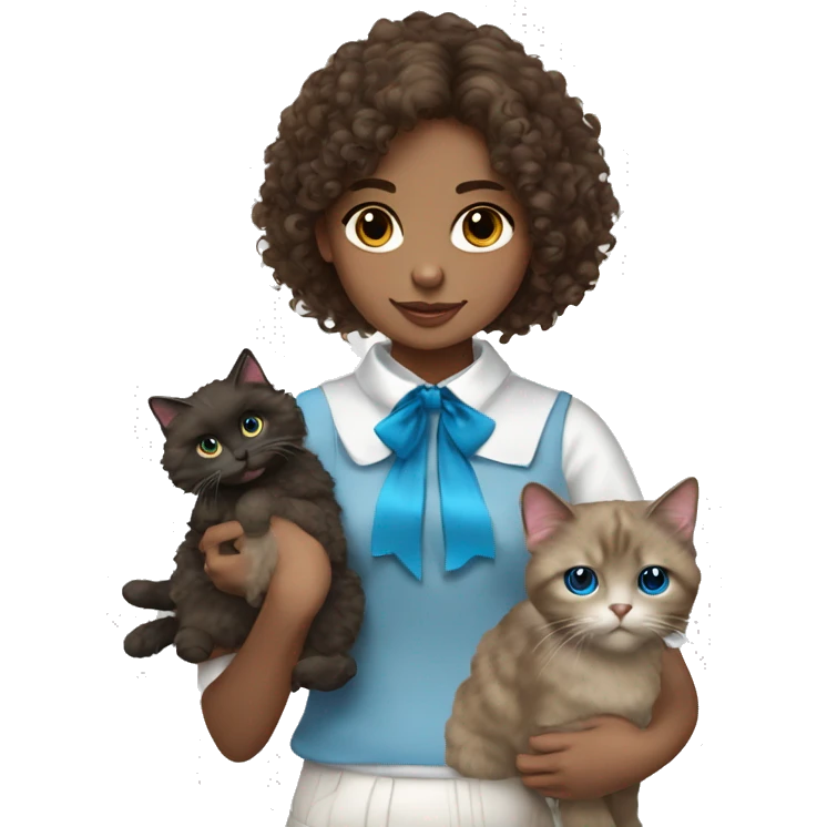 Brunette curly hair girl holding a fluffy Ragdoll cat with blue eyes and bow collar emoji