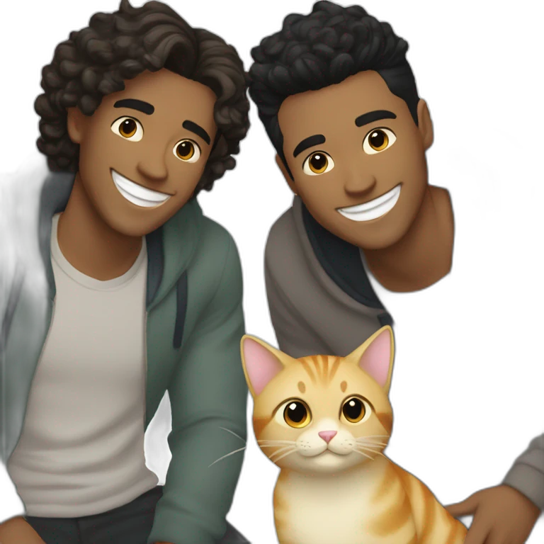 Gay couple, 1 guy Latino black straight hair and 1 Australian guy with blonde slightly curly hair with a cat laughing full body emoji