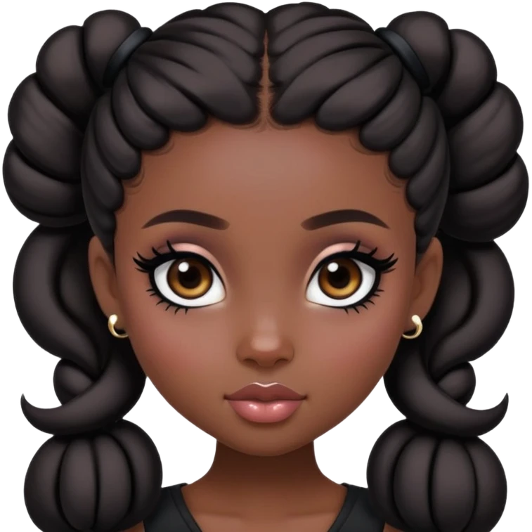 pretty bratz girl, dark brown space buns, dark brown eyes, black eyeliner, deep black skin emoji