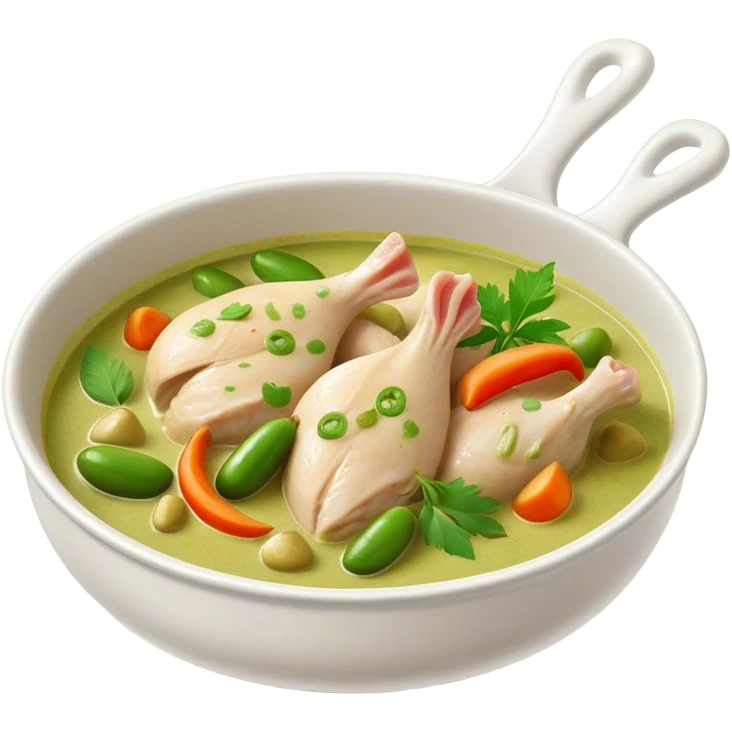 Cinematic Realistic Green Chicken Curry Dish Emoji, depicted with tender chicken simmered in a fragrant green curry sauce with vegetables rendered with rich textures and dynamic, vibrant lighting. emoji