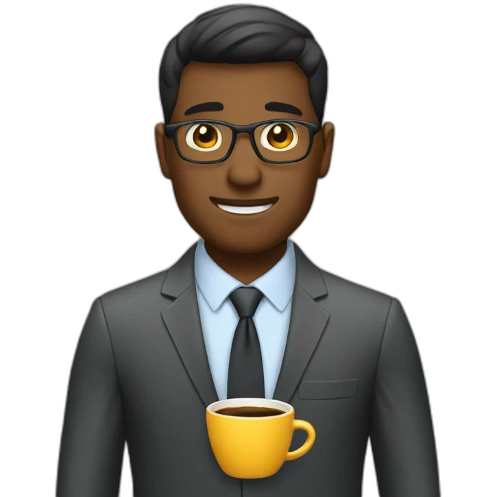 an online coach with a business suit and a coffee emoji