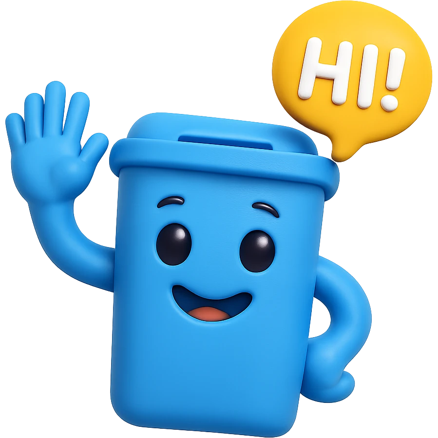 3D emoji style blue bin with a smiling face, waving and saying hi emoji
