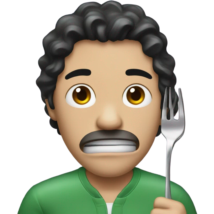 A man in a green jumpsuit that says 230 and the man has black hair but his hair is purple on the top and he is crying with a metal fork in his hand emoji