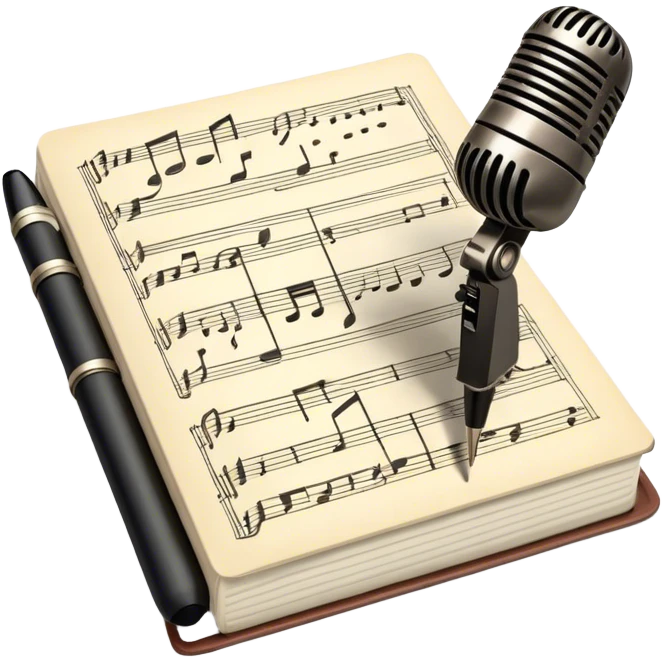 Create an emoji representing songwriting. The design should feature an open notebook or sheet music with visible lyrics and musical notes, symbolizing the process of writing song lyrics. A pen or pencil should be placed near the notebook, indicating active writing. Optionally, include a vintage microphone or a quill to add a creative touch. Use a harmonious color palette with warm and neutral tones. Do not include any emojis or smiley faces. Make the background transparent. emoji