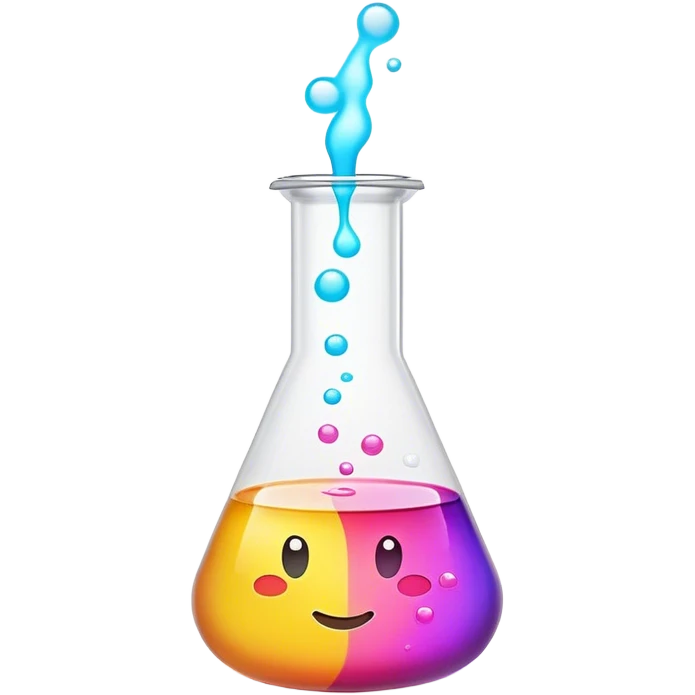 A bubbling chemistry flask filled with a glowing, colorful liquid. Tiny, unfinished emoji icons float above it, as if forming from the experiment. Soft mist rises from the flask, creating a mystical and creative atmosphere. Flat, minimalist digital illustration, empty state design, neutral background. emoji