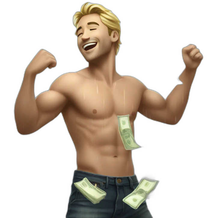 Shirtless guy dancing under raining money  emoji