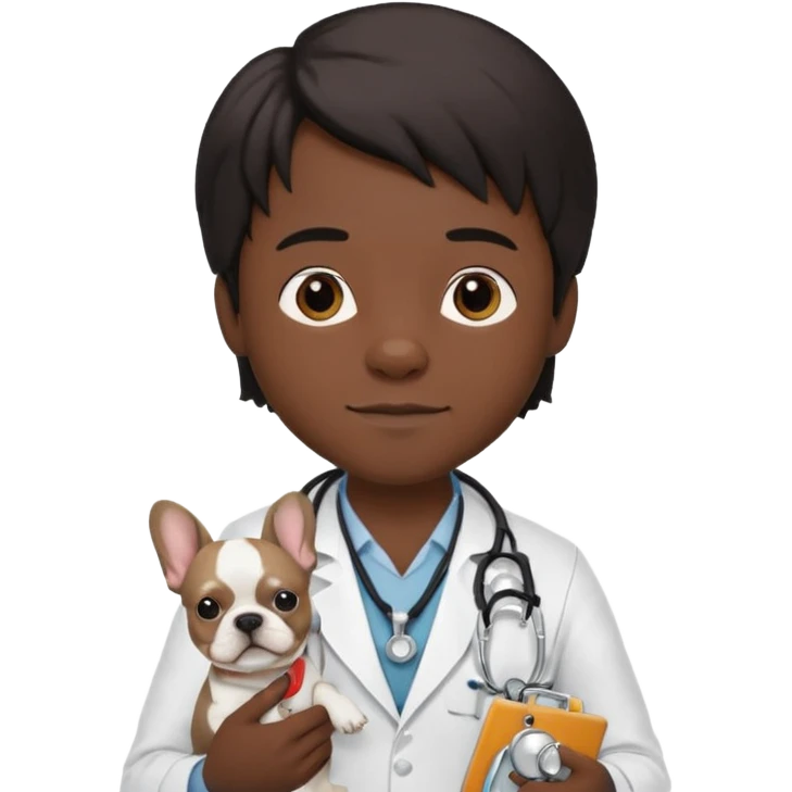 joven médico con el pelo un poco largo pero no tanto y lacio, que tenga un estetoscopio de color de piel tez negra calida !!! que sostiene un bulldog francés blanco emoji