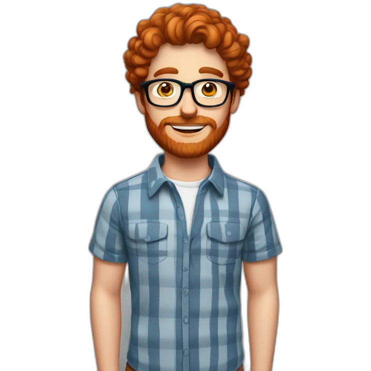 man. around 25. redhead. blue eyed man. short mid curly hair. with beard and glasses. scarlet checked shirt emoji