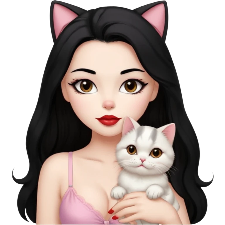Beautiful Girl Long Hair black, Brows Big , Skin White, bra Pale Pink , Big Red Lips, EyesCoffe , kiss Little baby Persa Cream Cat With Cute Eyes emoji