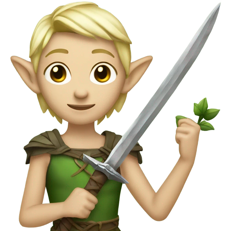 Androgynous, forest fairy, fairy wings, African, pointed elf ears, short blonde hair, vines, holding medieval sword emoji