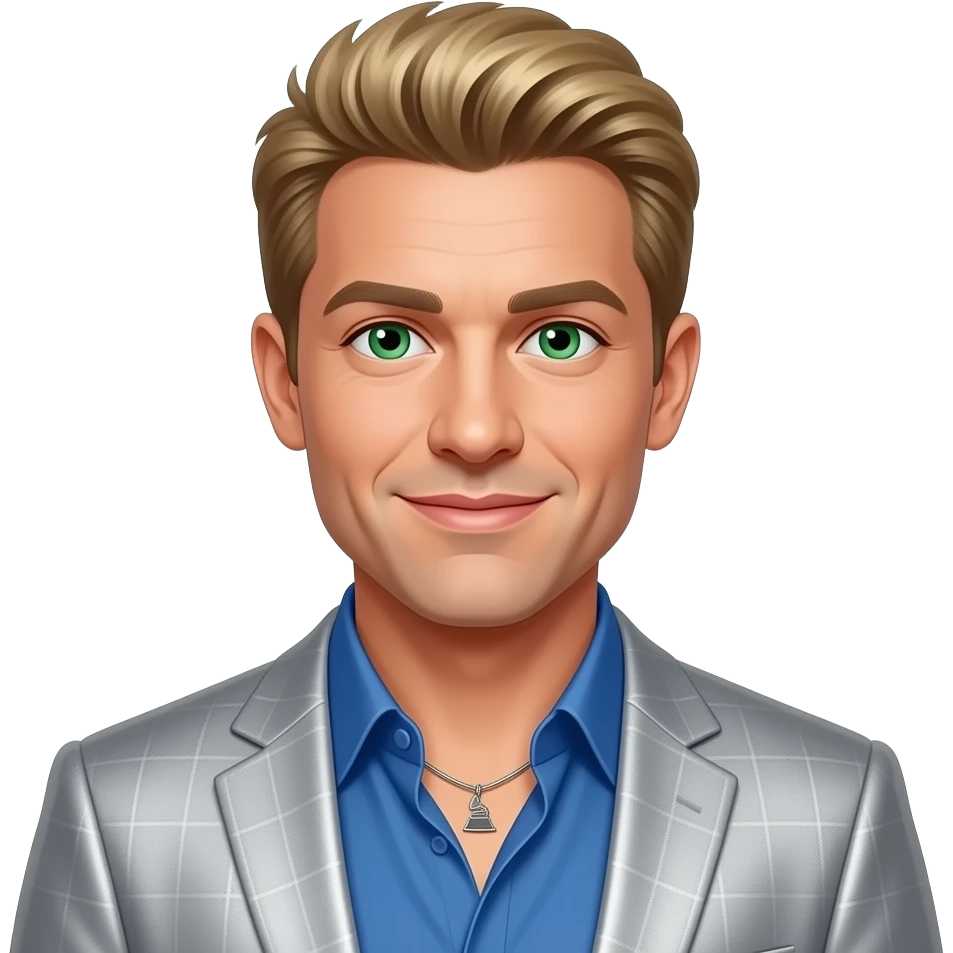 Lance Bass from NSYNC with green eyes, blonde hair, grammy blue shirt and silver suit jacket, necklace emoji