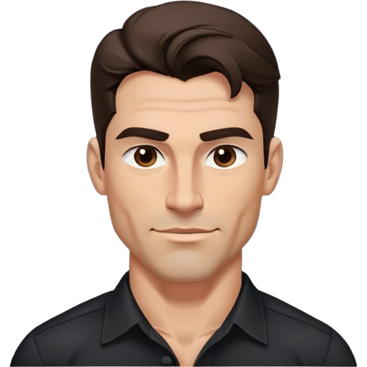 Strong athletic man with buff build, youthful 40s appearance, light brown complexion, elongated face, defined jawline, attractive confident smirk, intense dark eyes, medium eyebrows, straight nose, medium wavy dark hair, wearing a black button-down shirt that shows his muscular build emoji