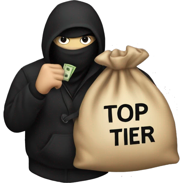 Thief wearing all black clothes stealing a money bag with the words Top Tier embroidered on it emoji