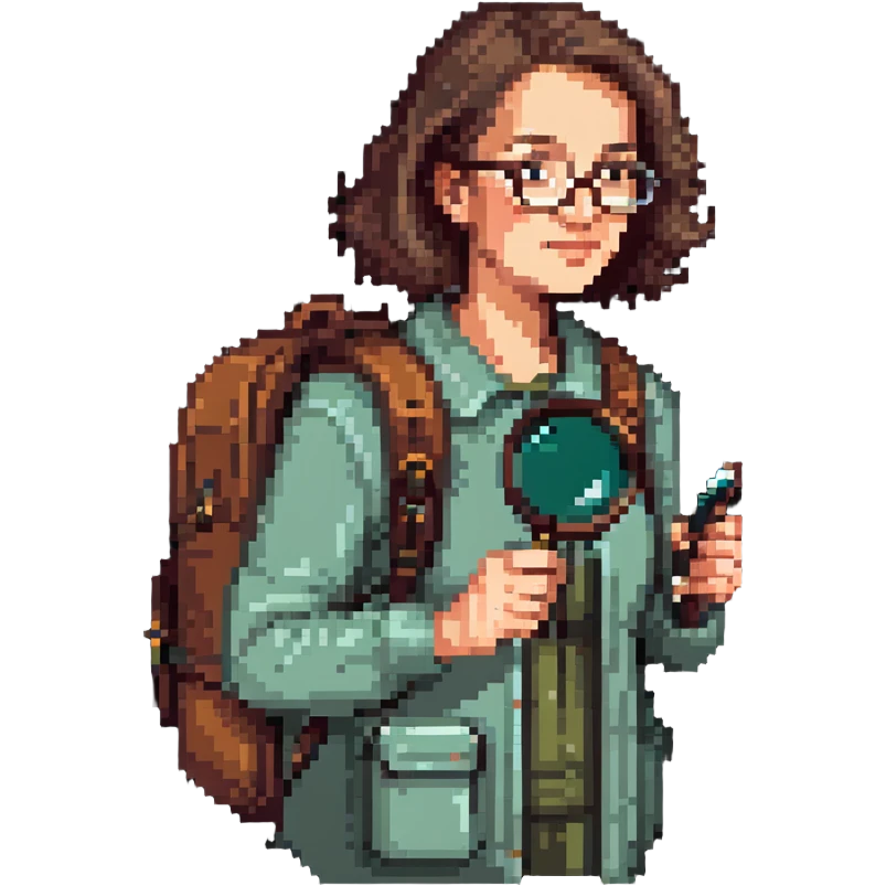 Middle-aged woman hiker with glasses and backpack, using a single magnifying glass emoji