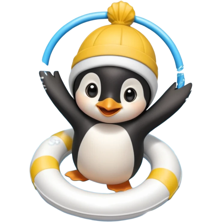 A cheerful penguin swimmer in swim cap, doing a playful backstroke with water rings popping around full body chibi cute
 emoji