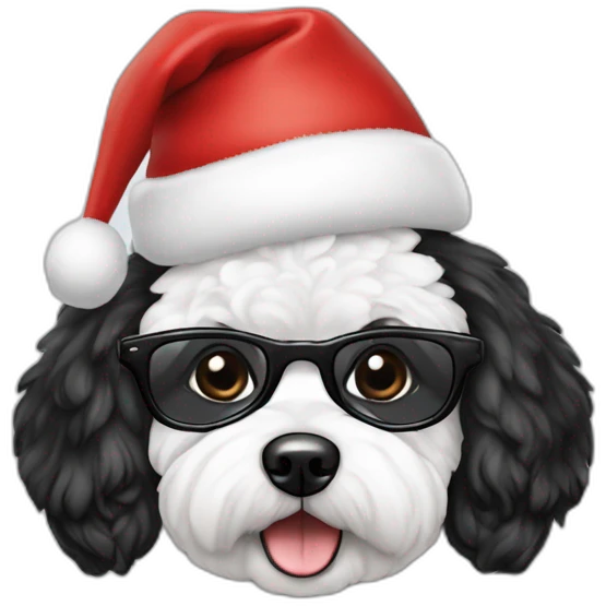 bichon dog-sitting-christmas hat-with woman-black hair-glasses emoji