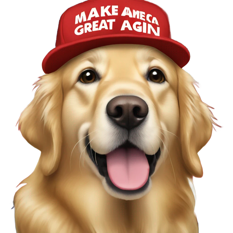 Golden retriever wearing a red hat with the text “make America great again” on it emoji