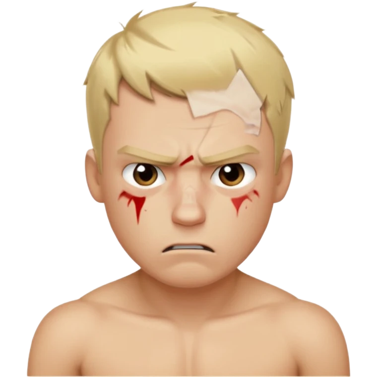 a blond guy with a short haircut, a tired and angry face, no shirt, with bruises under his eyes, and signs of beatings on his body emoji