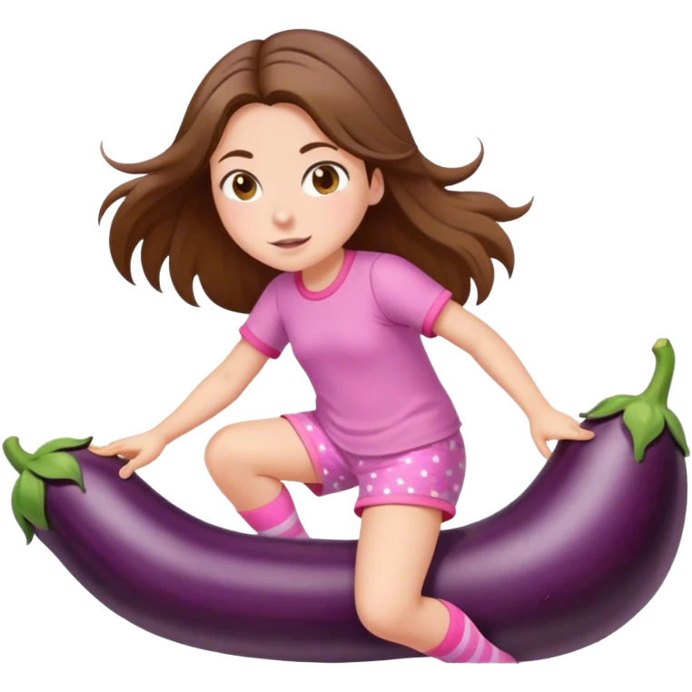girl with long brown hair riding an eggplant in shorts pink pijamas emoji