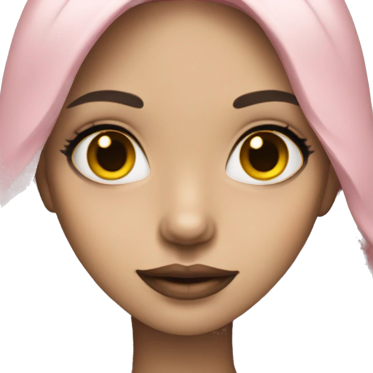 Girl with yellow white skin, black long hair, brown eyes, pink lip emoji