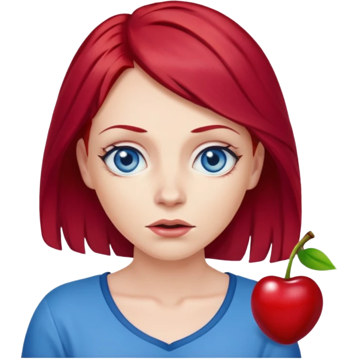 create a woman shrugging emoji, she is white, has blue eyes and cherry red hair emoji