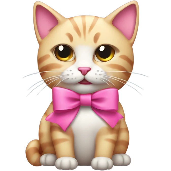 Cat with a cut pink bow and she is rageoll with a bit of a squished face emoji
