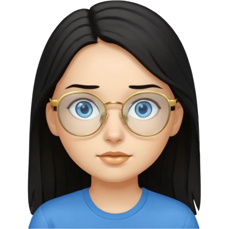 a black haired girl with blue eyes and glasses with blue shirt and long hair and gold glasses emoji