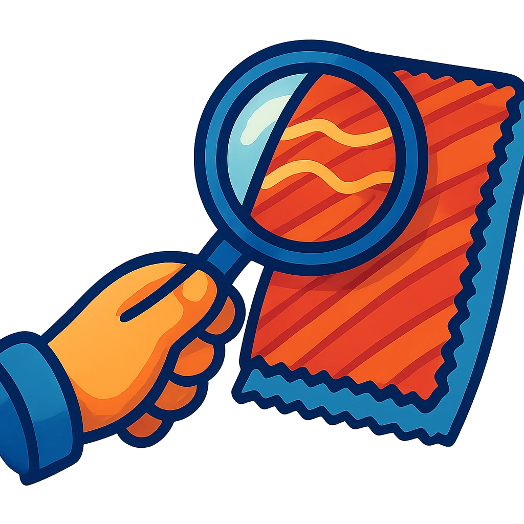 a hand using a magnifying glass to examine textile, soft cartoonish style emoji