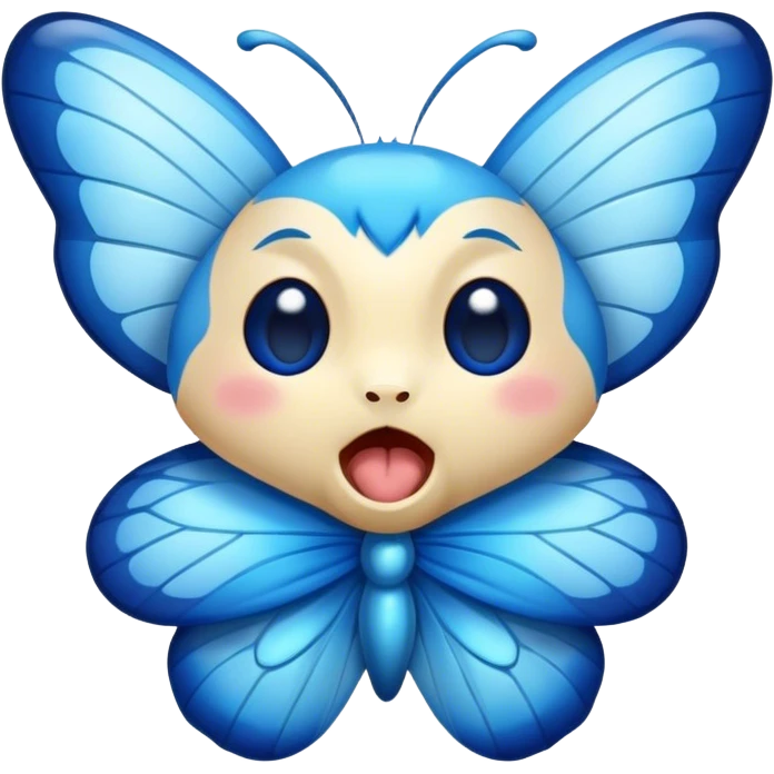 Cinematic Realistic Cute Yawning Blue Butterfly Portrait Emoji, Head tilted slightly with a dramatic, wide-open yawn, showcasing soft, downy sapphire wings with delicate, natural droop and half-closed, drowsy eyes rendered in exquisite detail, high shine, relaxed yet expressive, styled with a dash of subtle garden charm, soft glowing outline, capturing the essence of a sleepy yet affectionate blue butterfly that appears ready to rest its wings in quiet, enchanted slumber! emoji