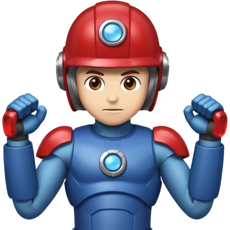 mega man but with the color rootbeer brown shiny like metal with arms for guns and a dark shiney red healmet emoji