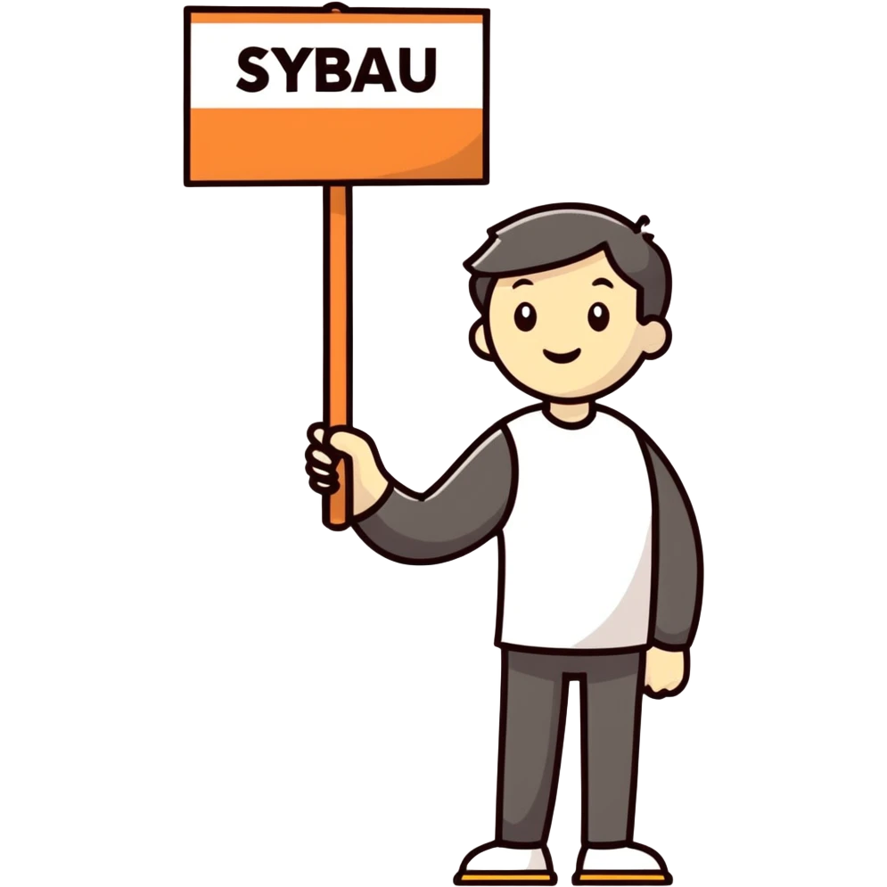 realistic portrait of man with sign saying sybau emoji