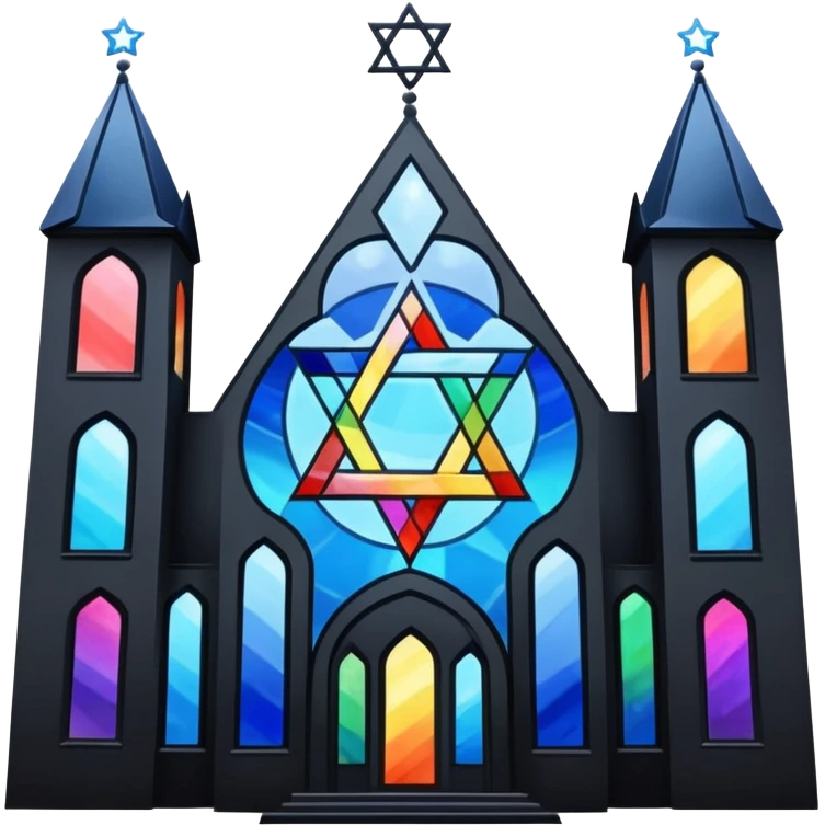 jewish synagogue temple in dark goth aesthetic style with black building and very light tint rainbow stained glass windows. and star of david and celestial symbolism emoji