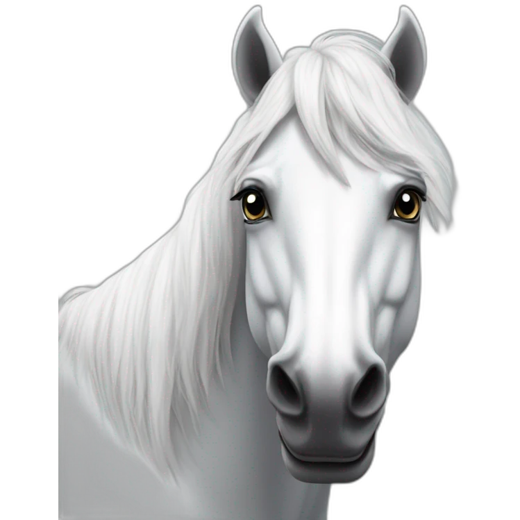 White stallion mustang wearing a grey key around the neck only necklace no mouth strap showing neck no lock emoji